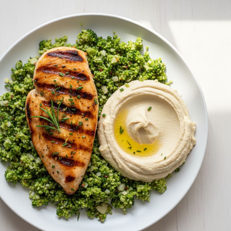 Grilled Chicken Breast with Broccoli Rice and Hummus