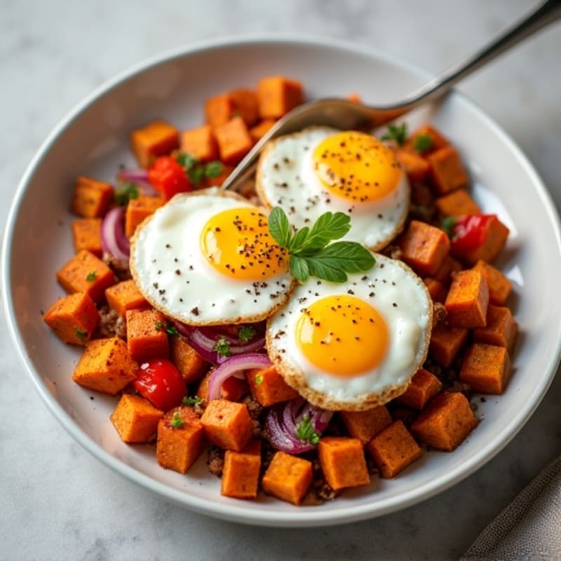 Crispy Sweet Potato and Bell Pepper Hash with Fried Eggs
