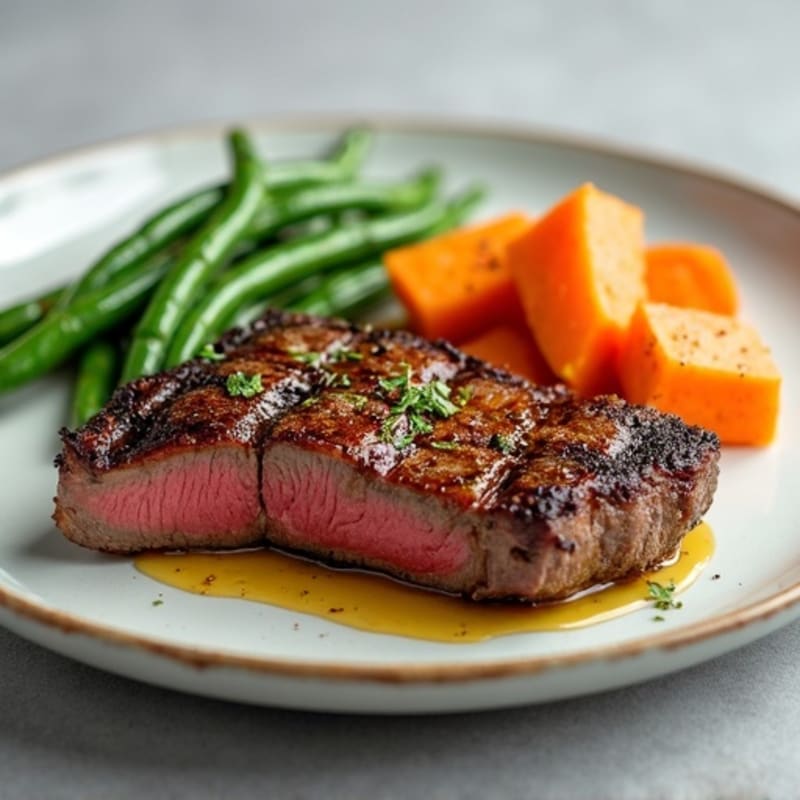 Seared Lean Beef with Roasted Sweet Potato and Green Beans