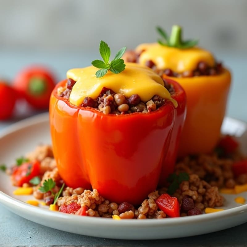 Lean Turkey Chili Stuffed Bell Peppers with Sharp Cheddar