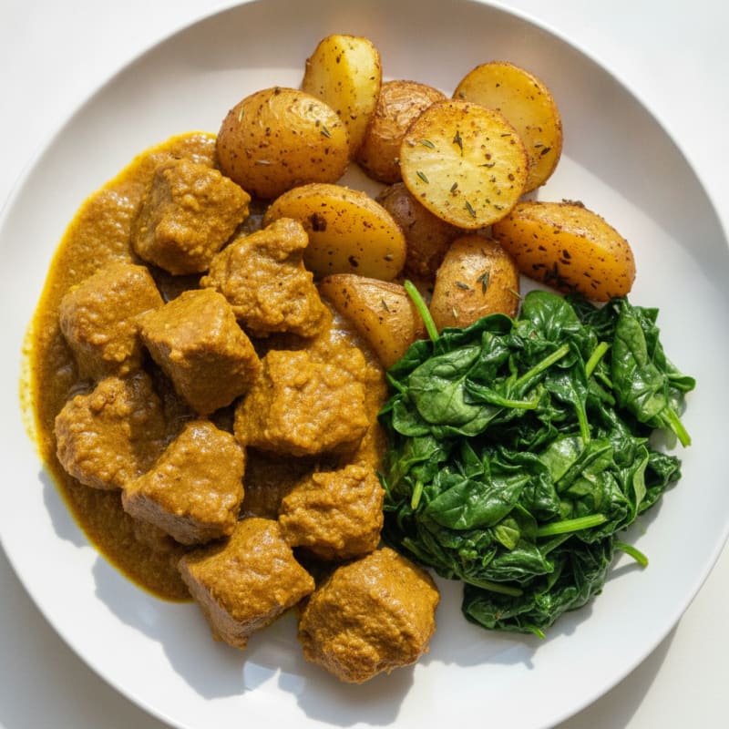 Curried Goat with Herb-Roasted Irish Potatoes and Sautéed Spinach