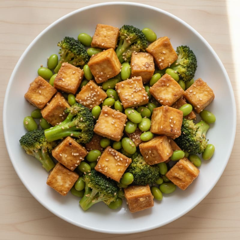 Crispy Tofu and Edamame Stir-Fry with Broccoli
