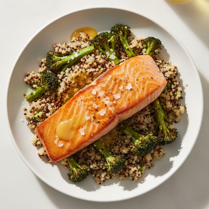 Seared Salmon Fillet with Roasted Broccoli and Quinoa
