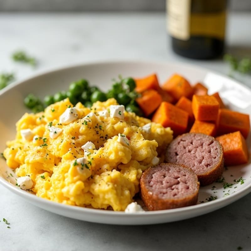 Scrambled Eggs with Turkey Sausage and Roasted Sweet Potato