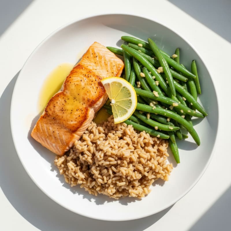 Seared Salmon with Garlic Green Beans and Brown Rice
