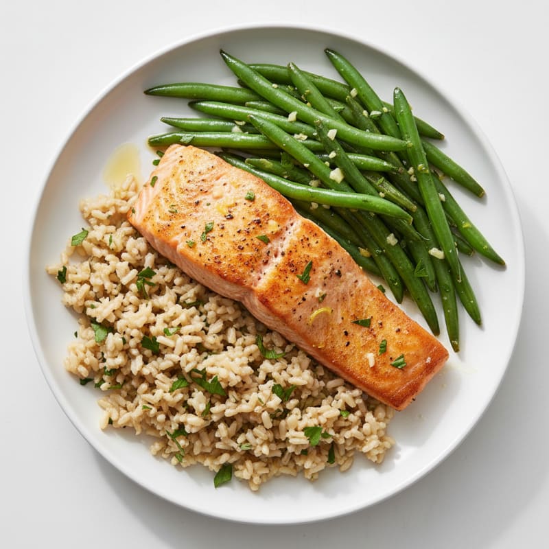 Seared Salmon with Garlic Green Beans and Herbed Brown Rice