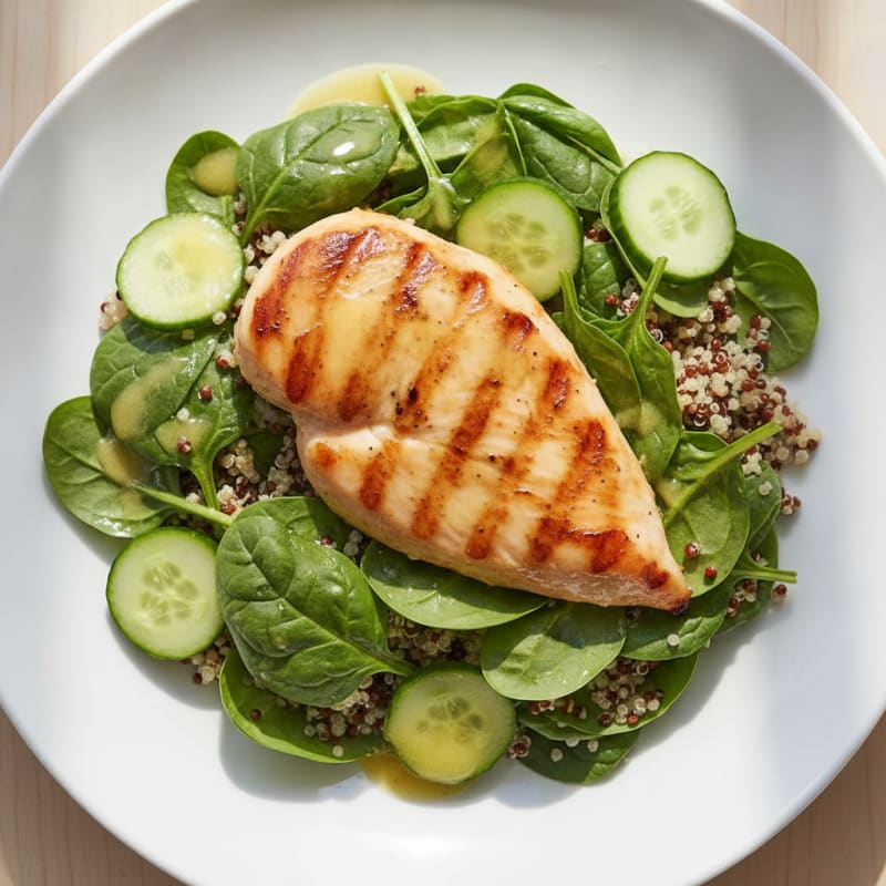 Grilled Chicken Breast over Quinoa Spinach Salad with Lemon Vinaigrette