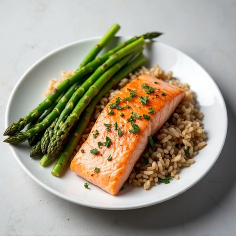 Seared Salmon Fillet with Steamed Asparagus and Brown Rice