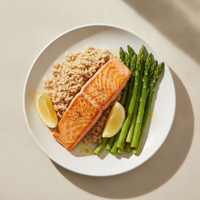 Seared Salmon with Steamed Asparagus and Brown Rice