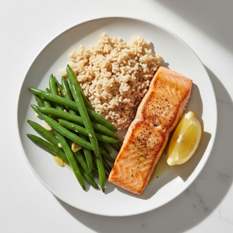 Seared Salmon with Garlic Green Beans and Brown Rice
