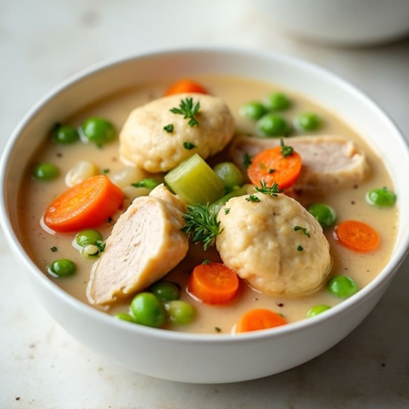 Creamy Chicken and Vegetable Stew with Fluffy Herb Dumplings