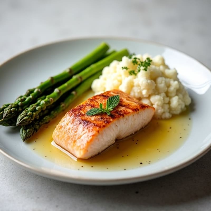 Seared Salmon with Steamed Asparagus and Garlic Mashed Cauliflower