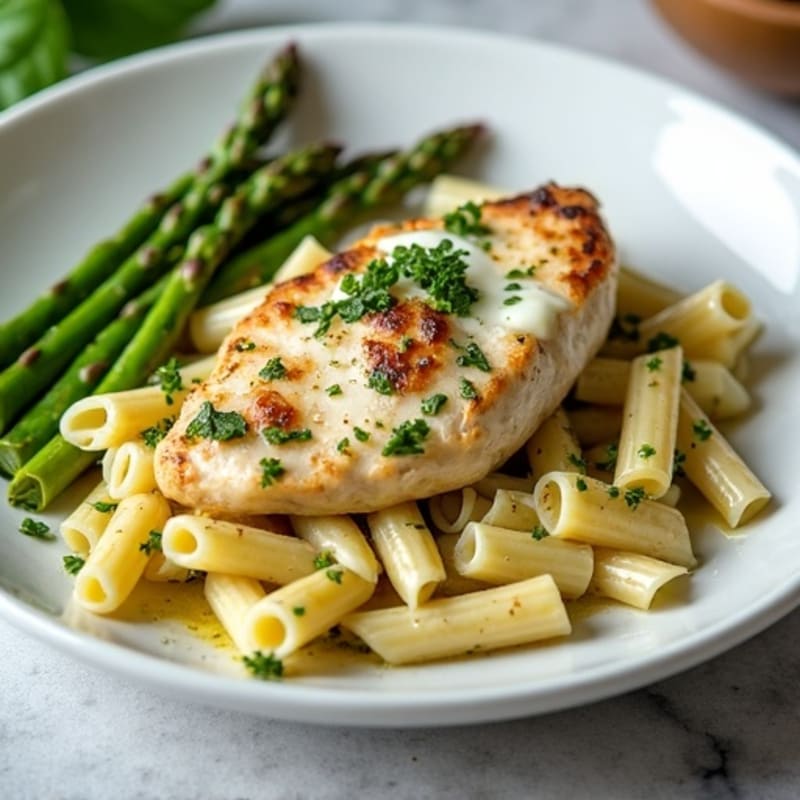 Creamy Chicken Pesto Pasta with Roasted Asparagus