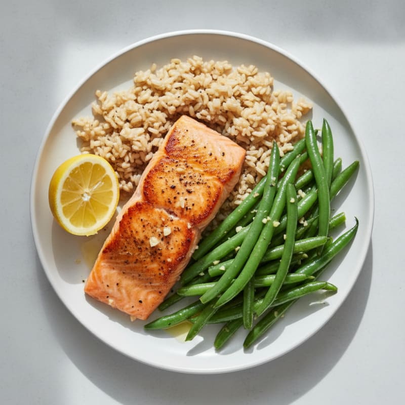 Seared Salmon Filet with Garlic Green Beans and Brown Rice