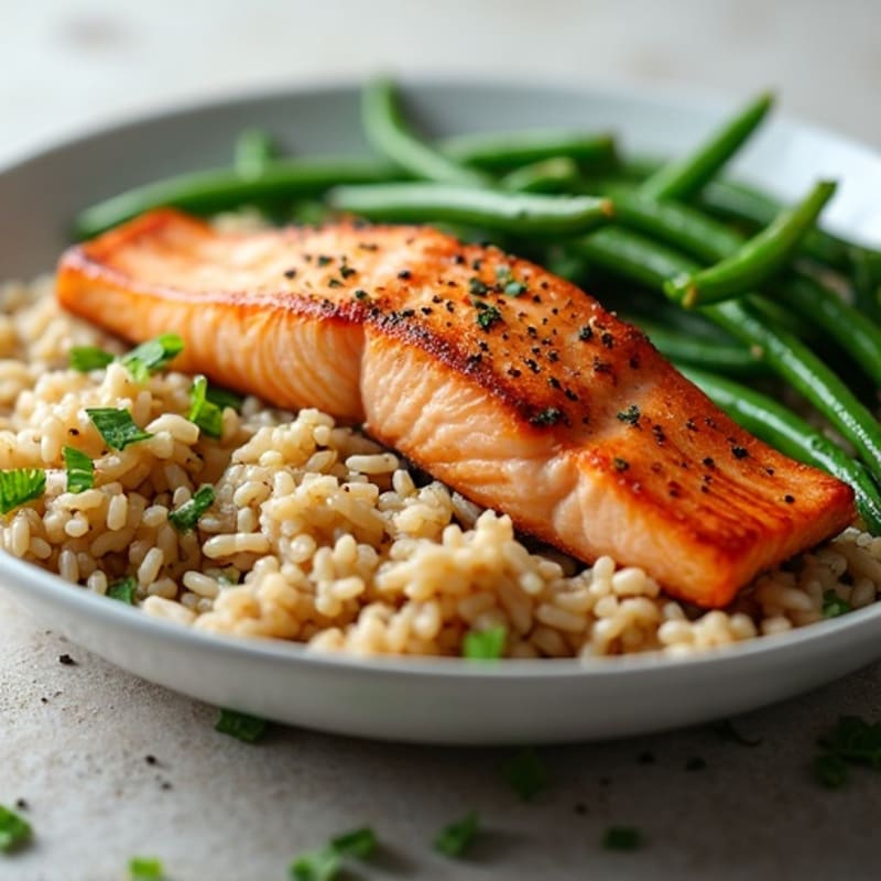 Seared Salmon with Garlic Green Beans and Brown Rice