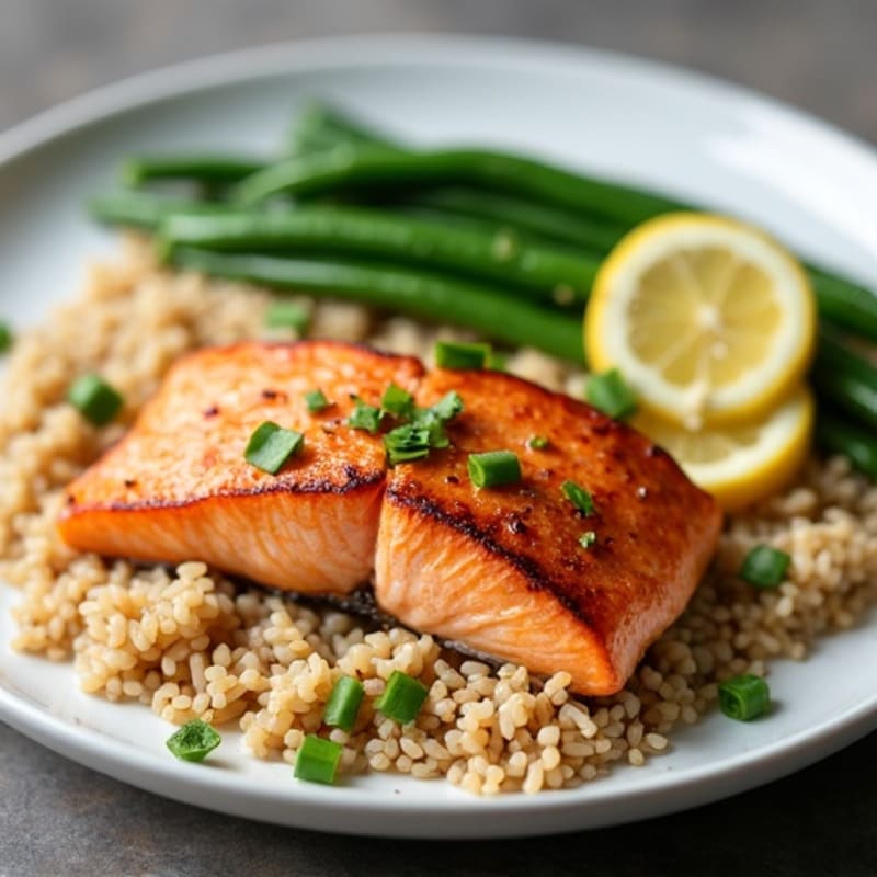 Seared Salmon with Garlic Green Beans and Brown Rice