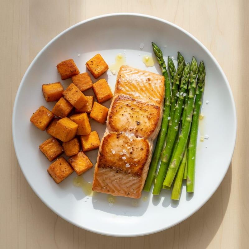 Seared Salmon with Roasted Sweet Potato and Asparagus