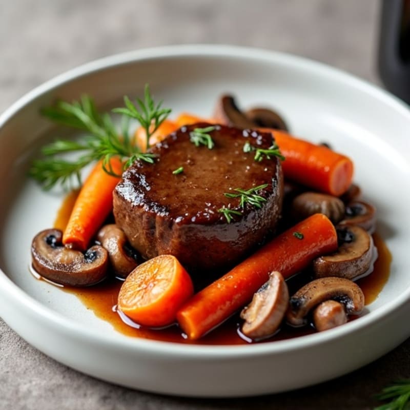 Tender Braised Beef with Red Wine, Mushrooms, and Carrots