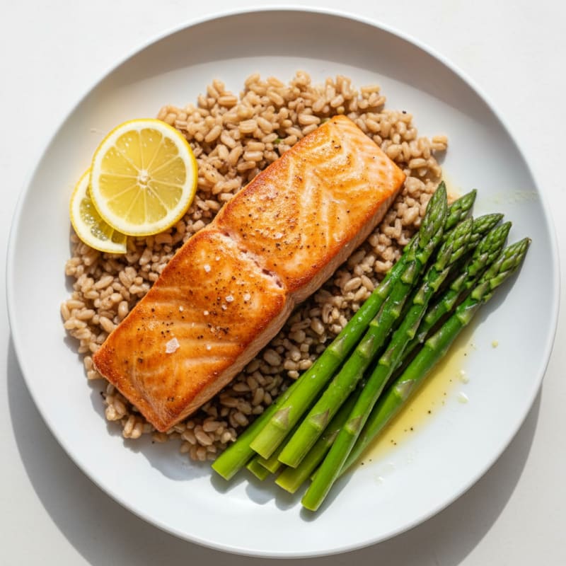 Seared Salmon Fillet with Steamed Asparagus and Brown Rice