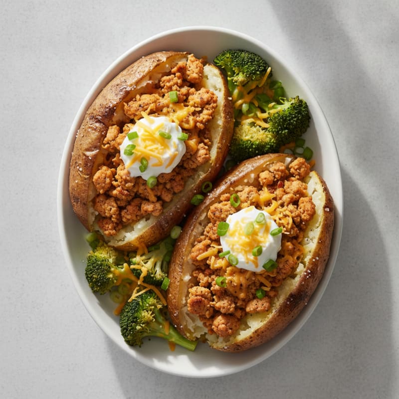 Loaded Baked Potatoes with Savory Ground Turkey and Broccoli