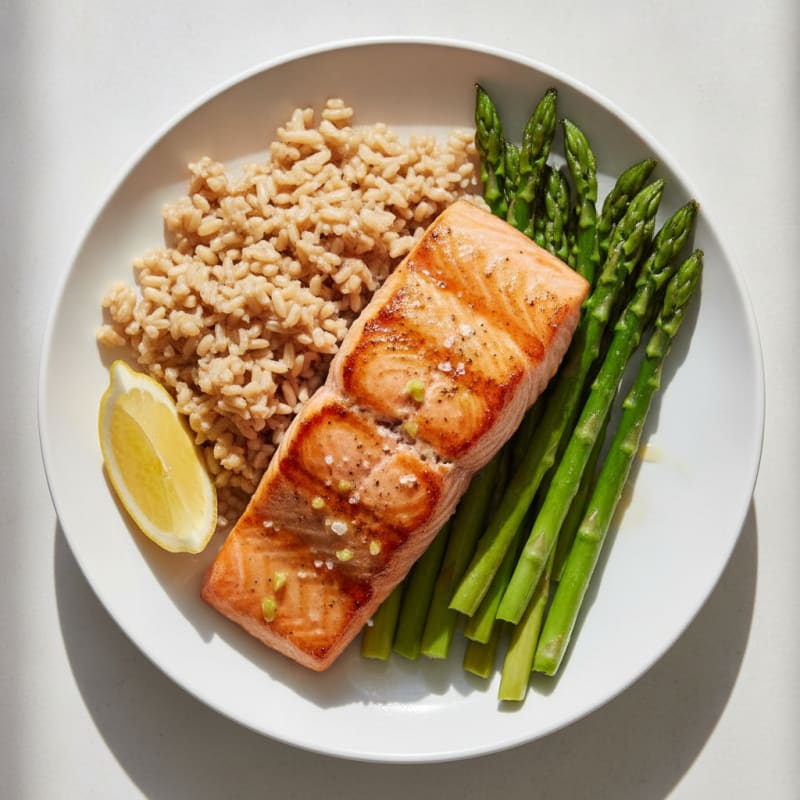 Seared Salmon Fillet with Steamed Asparagus and Brown Rice