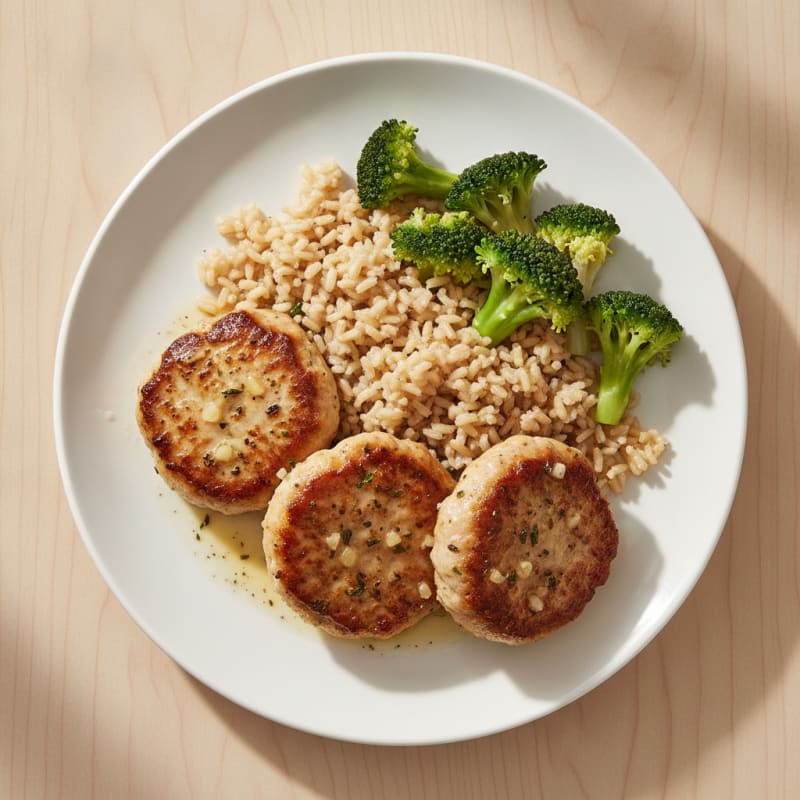 Seared Turkey Patties with Steamed Broccoli and Brown Rice