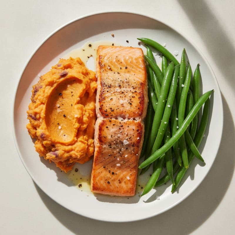 Seared Salmon with Steamed Green Beans and Mashed Sweet Potato