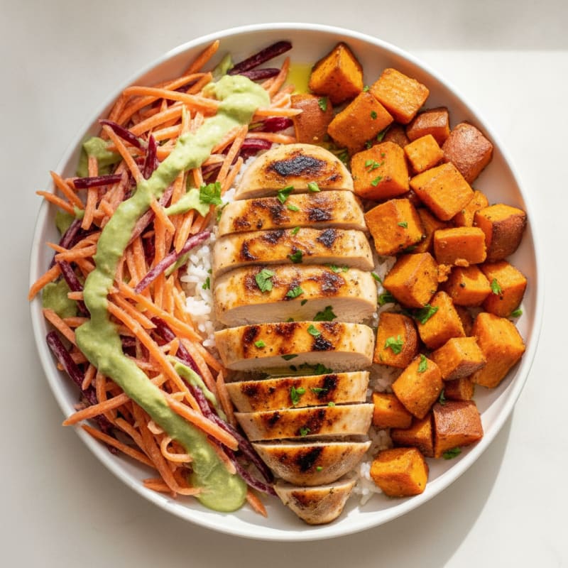 Grilled Chicken Breast with Roasted Sweet Potato and Carrot Beet Salad