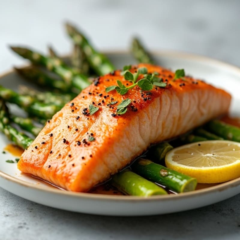 Crispy Pan-Seared Salmon with Lemon-Garlic Roasted Asparagus