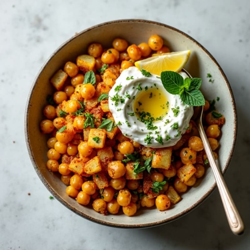 Crispy Spiced Potato and Chickpea Bowl with Fresh Mint Chutney