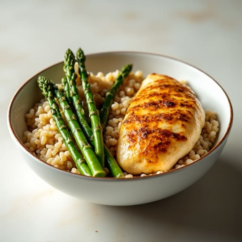 Pan-Seared Lemon Garlic Chicken and Brown Rice Bowl with Roasted Asparagus