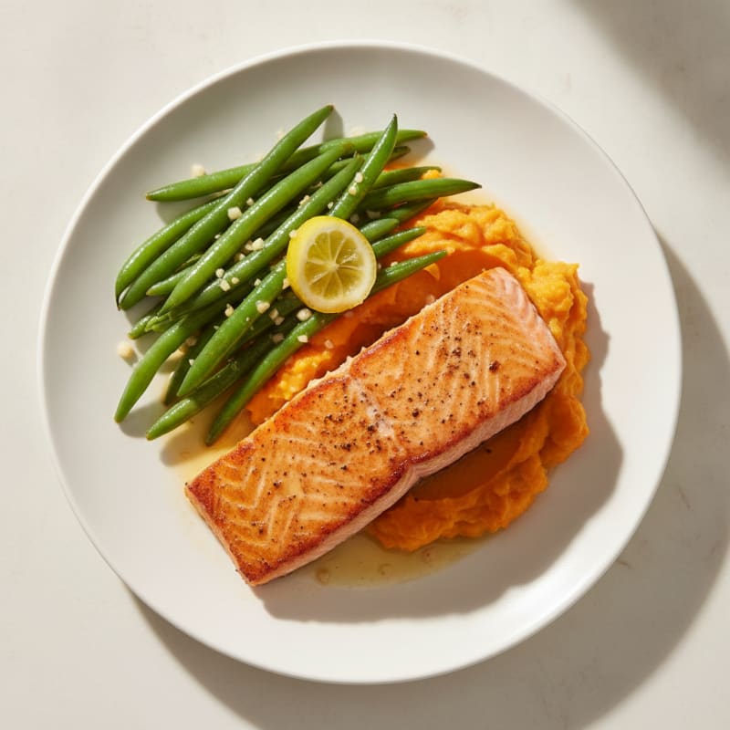 Seared Salmon with Garlic Green Beans and Sweet Potato Mash