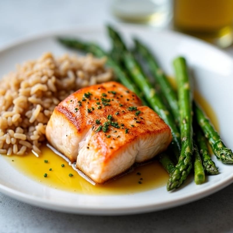 Seared Salmon with Steamed Asparagus and Brown Rice