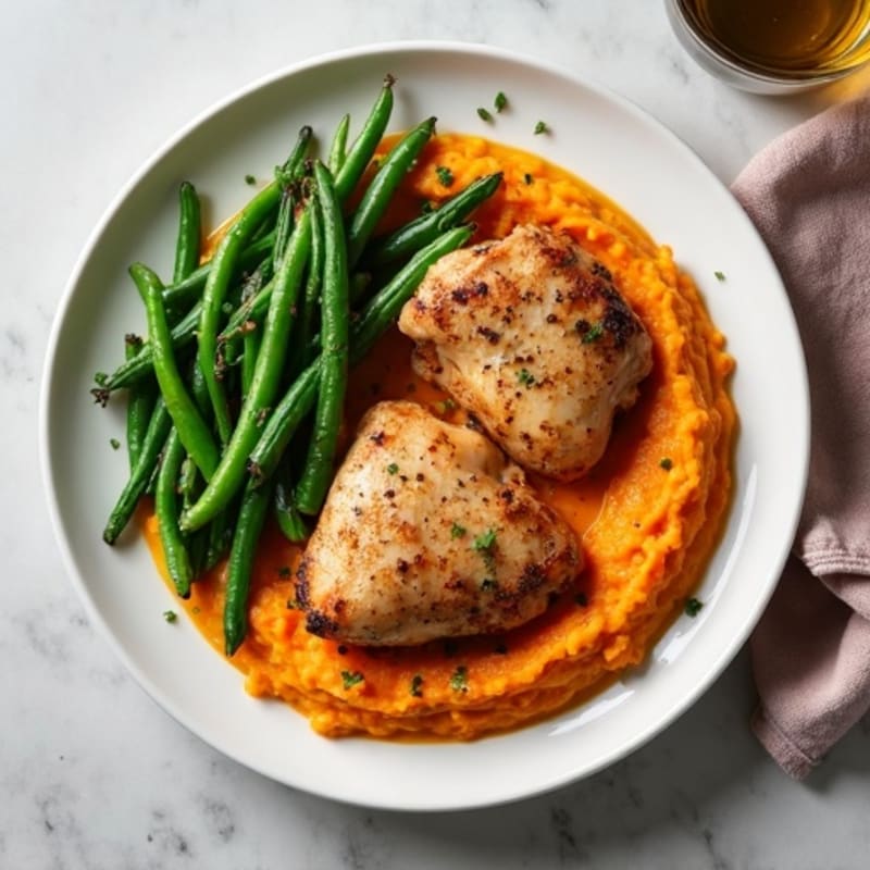 Seared Chicken Thighs with Garlic Green Beans and Sweet Potato Mash