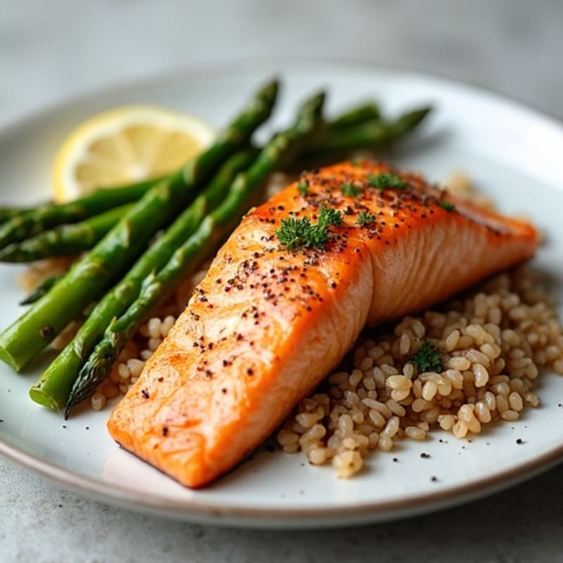 Seared Salmon Fillet with Roasted Asparagus and Brown Rice