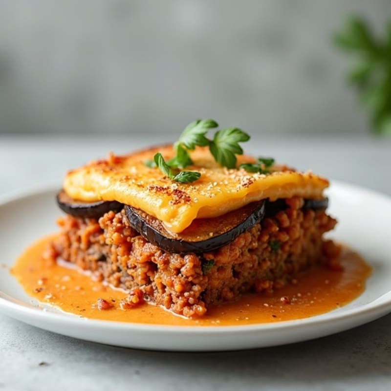 Layered Eggplant and Beef Casserole with Creamy Cauliflower Sauce