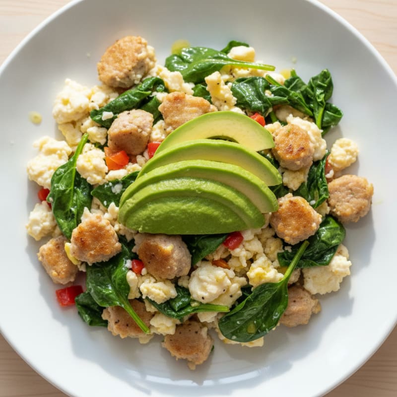Egg White Scramble with Turkey Sausage and Sautéed Spinach