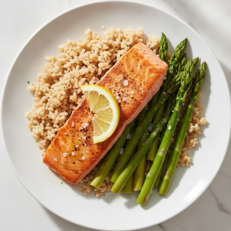 Seared Salmon with Steamed Asparagus and Brown Rice