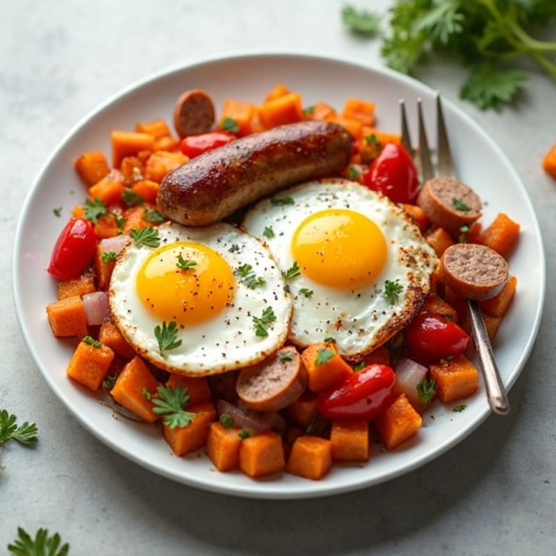 Hearty Sweet Potato Hash with Eggs and Lean Turkey Sausage