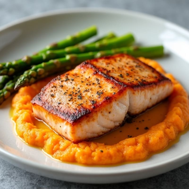 Seared Salmon with Roasted Asparagus and Sweet Potato Mash