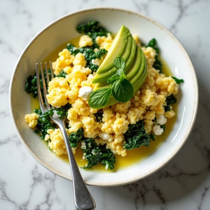 Egg White and Spinach Scramble with Cottage Cheese and Sliced Avocado