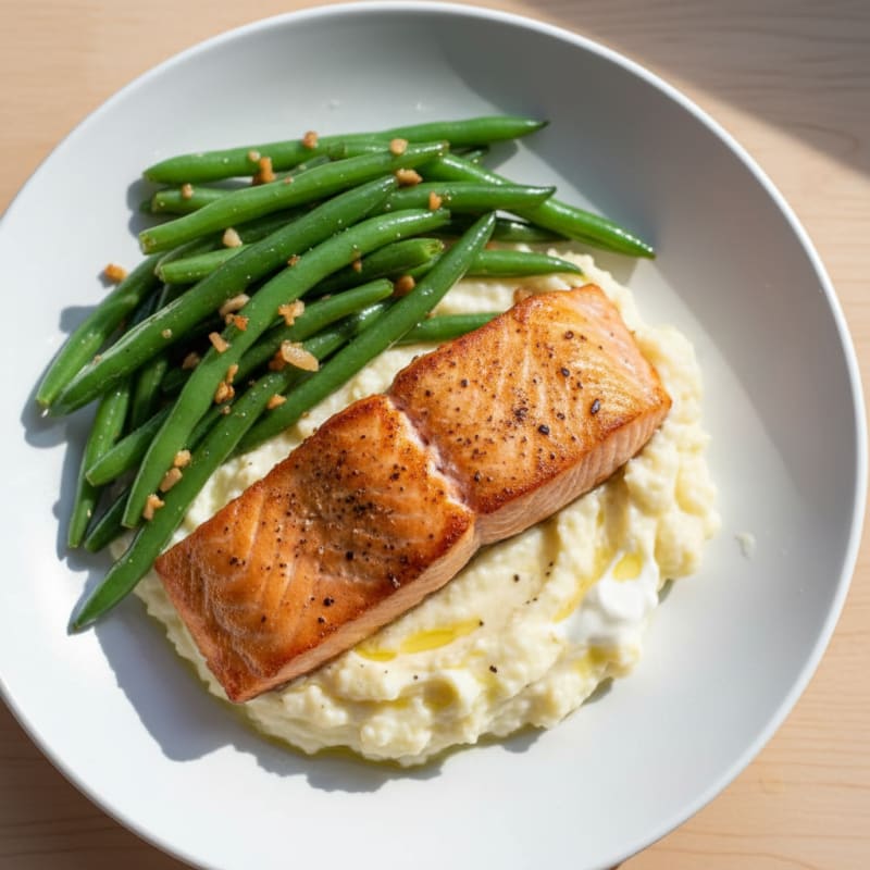 Seared Salmon Fillet with Garlic Green Beans and Cauliflower Mash