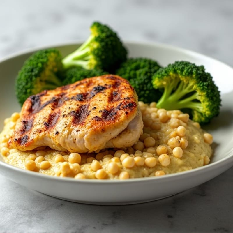 Grilled Chicken Breast with Roasted Broccoli and Chickpea Mash