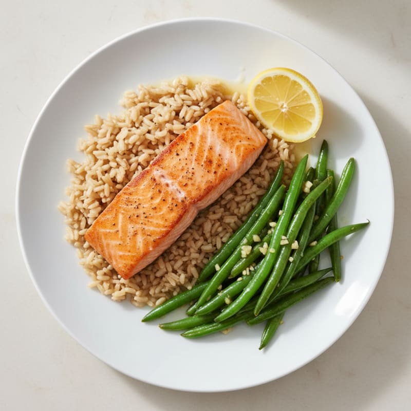 Seared Salmon Fillet with Garlic Green Beans and Brown Rice