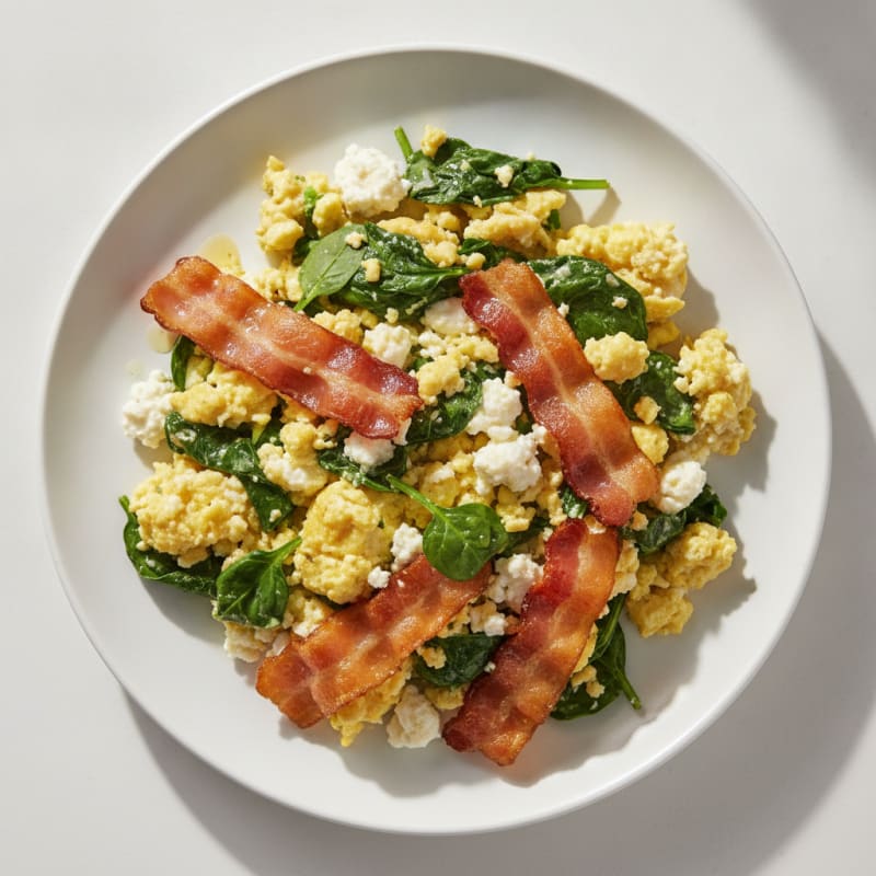 Cottage Cheese Egg Scramble with Spinach and Turkey Bacon
