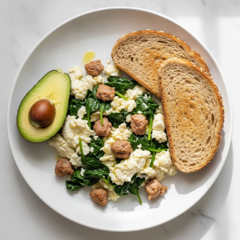 Scrambled Egg Whites with Turkey Sausage and Sautéed Spinach