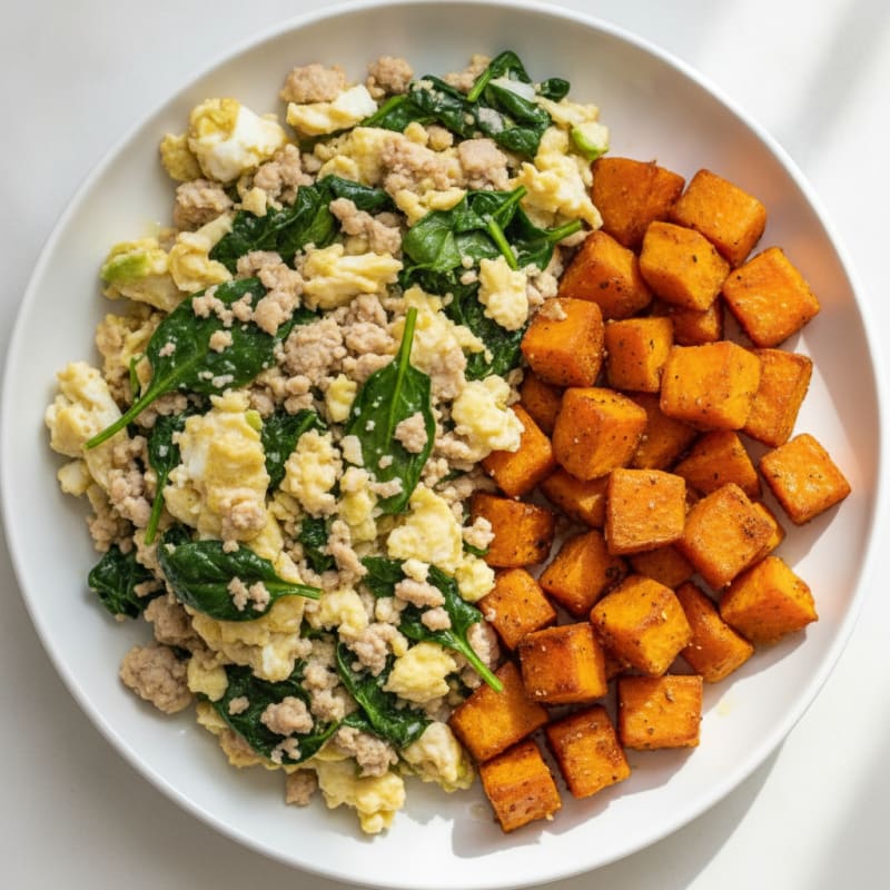 Egg White and Turkey Spinach Scramble with Roasted Sweet Potatoes