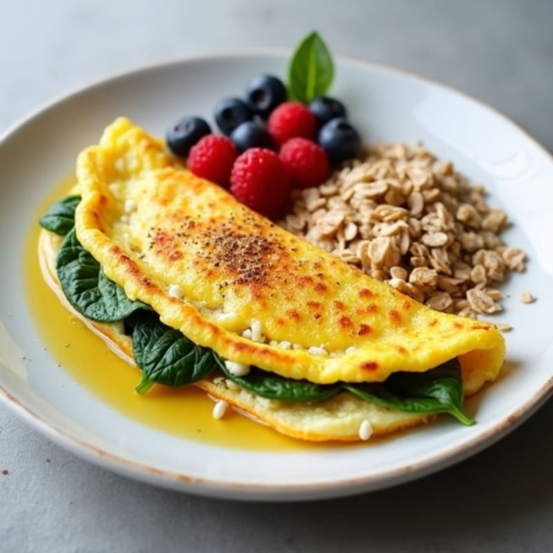 Egg White Spinach Omelette with Cottage Cheese, Berries & Oats