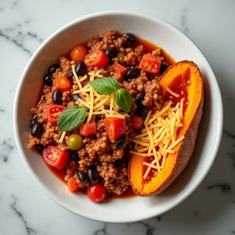 Lean Ground Turkey Chili with Cheesy Roasted Sweet Potatoes