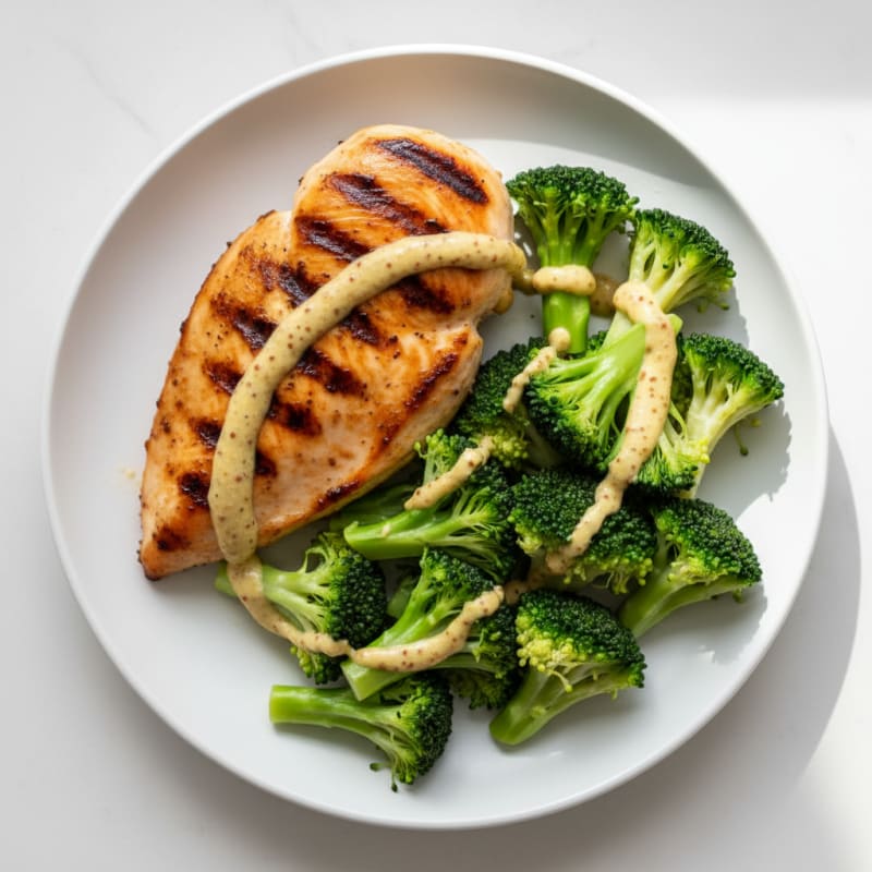 Grilled Chicken Breast with Steamed Broccoli and Mustard Sauce